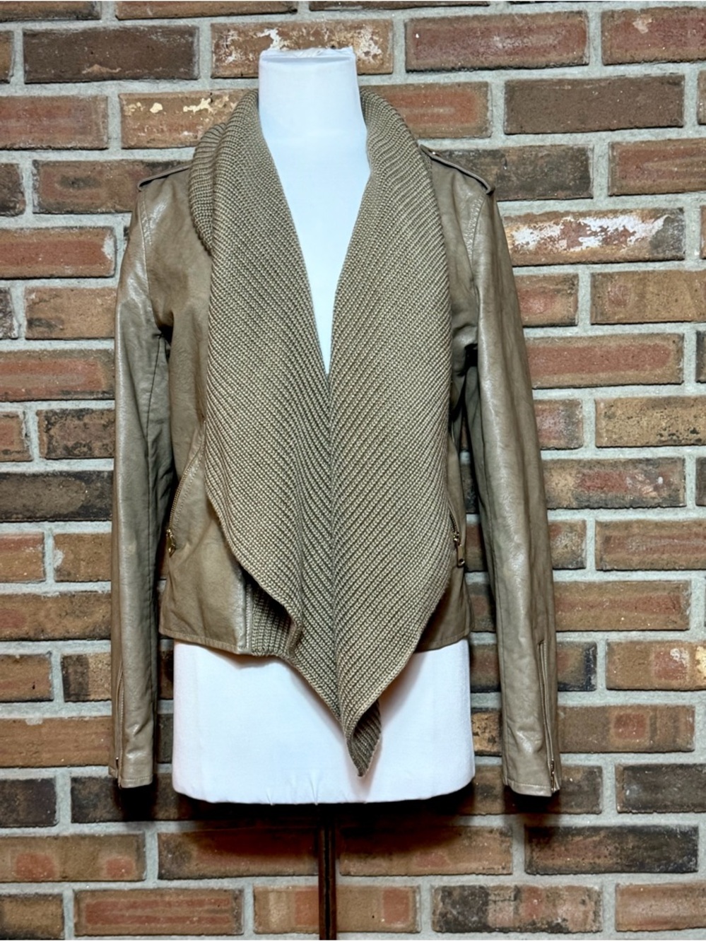L.A. Coalition Faux Leather Jacket Knit Collar Taupe Women’s M